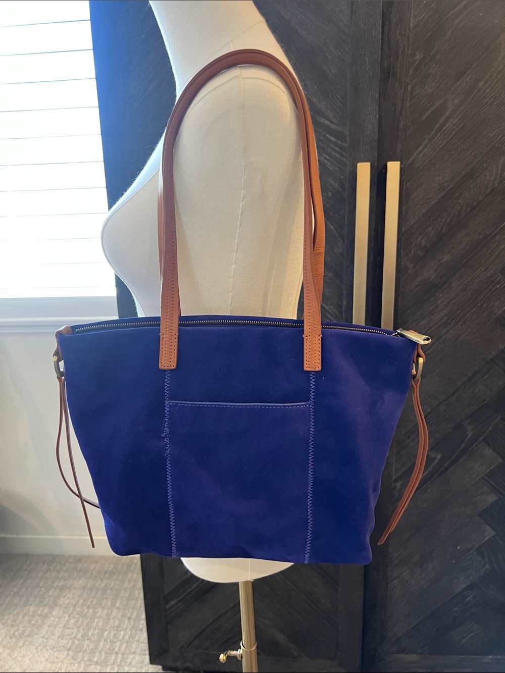 HOBO Cobalt Suede Shoulder Bag with Tan /brown Leather